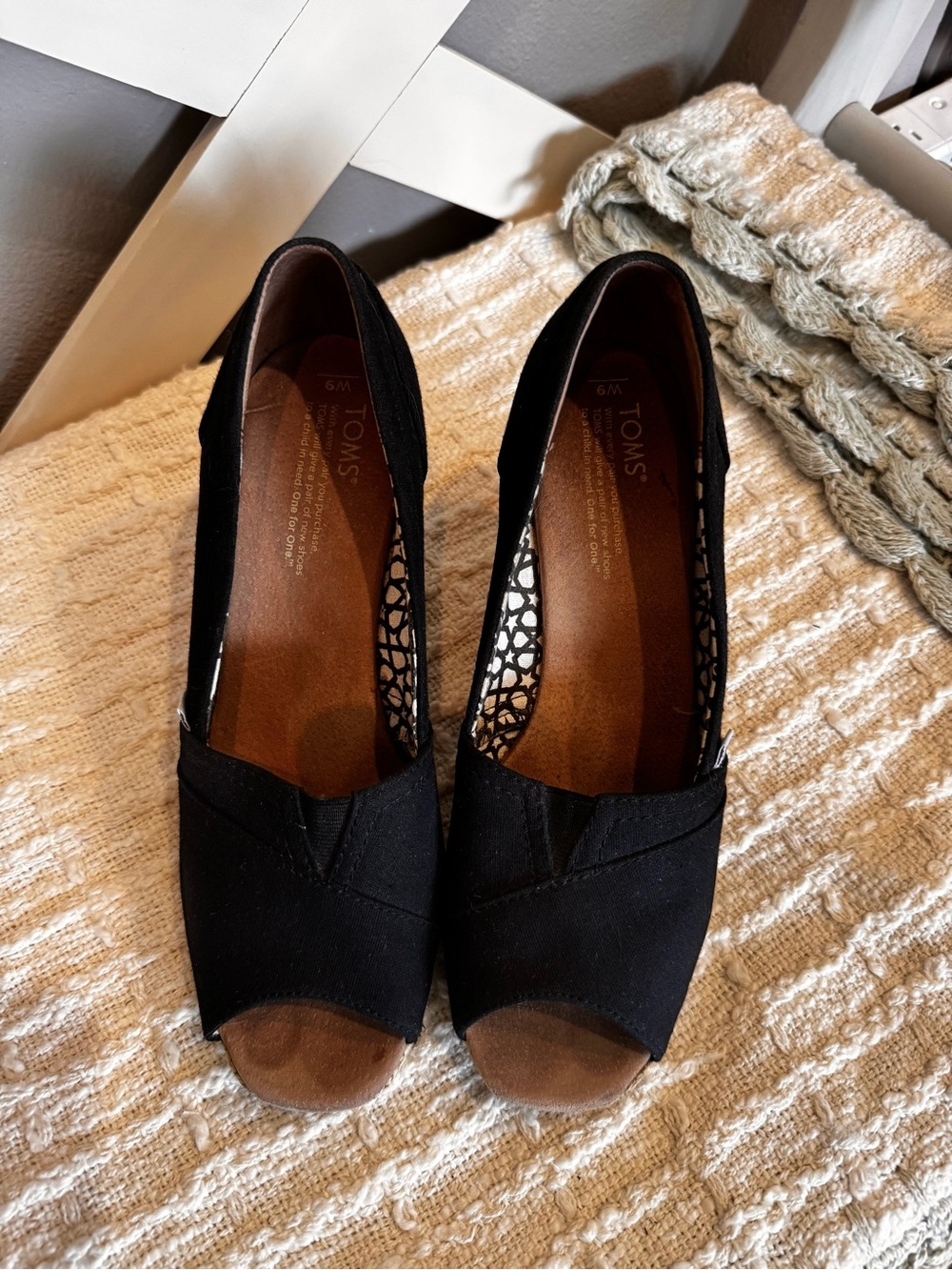 Toms Black Canvas Peep-Toe Wedge Heels